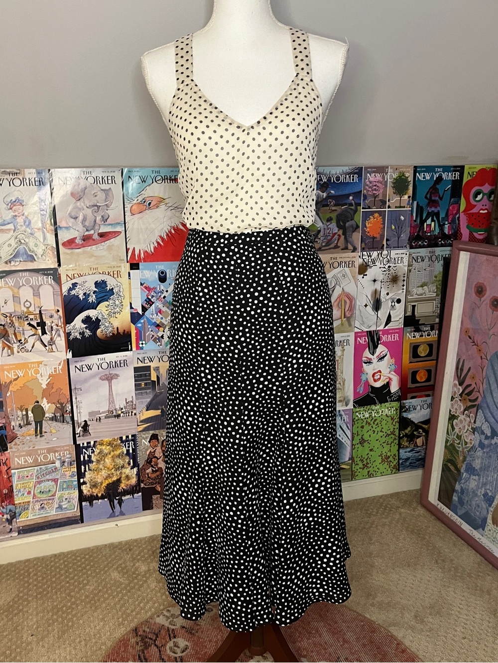 NWT Jones New York Silk Black and White Polka Dot Midi Skirt